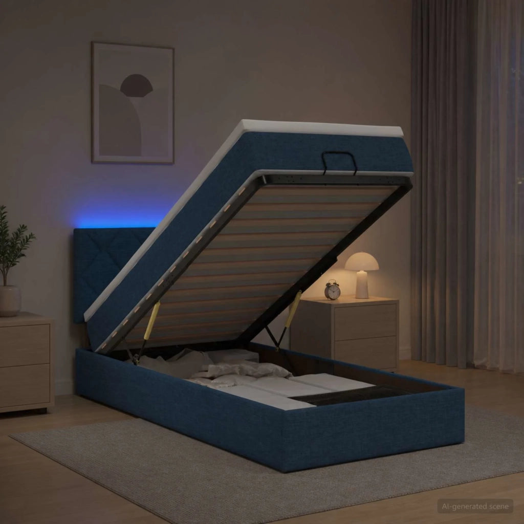 Letto Ottomano con Materasso e LED Blu 90 x 190 cm Tessuto 3456959
