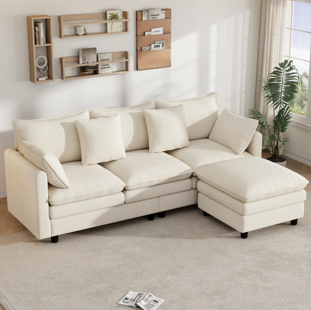 Divano angolare 3 posti in ciniglia beige con chaise longue mobile, 212x150x90 cm