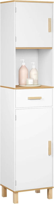Mobile da Bagno Alto e Stretto, Armadio a Colonna da Bagno Salvaspazio in Legno MDF Mobiletto, Mobile Multiuso con 2 Ante, 1 Cassetto e 1 Vano Aperto, Bianco, 40x30x180cm