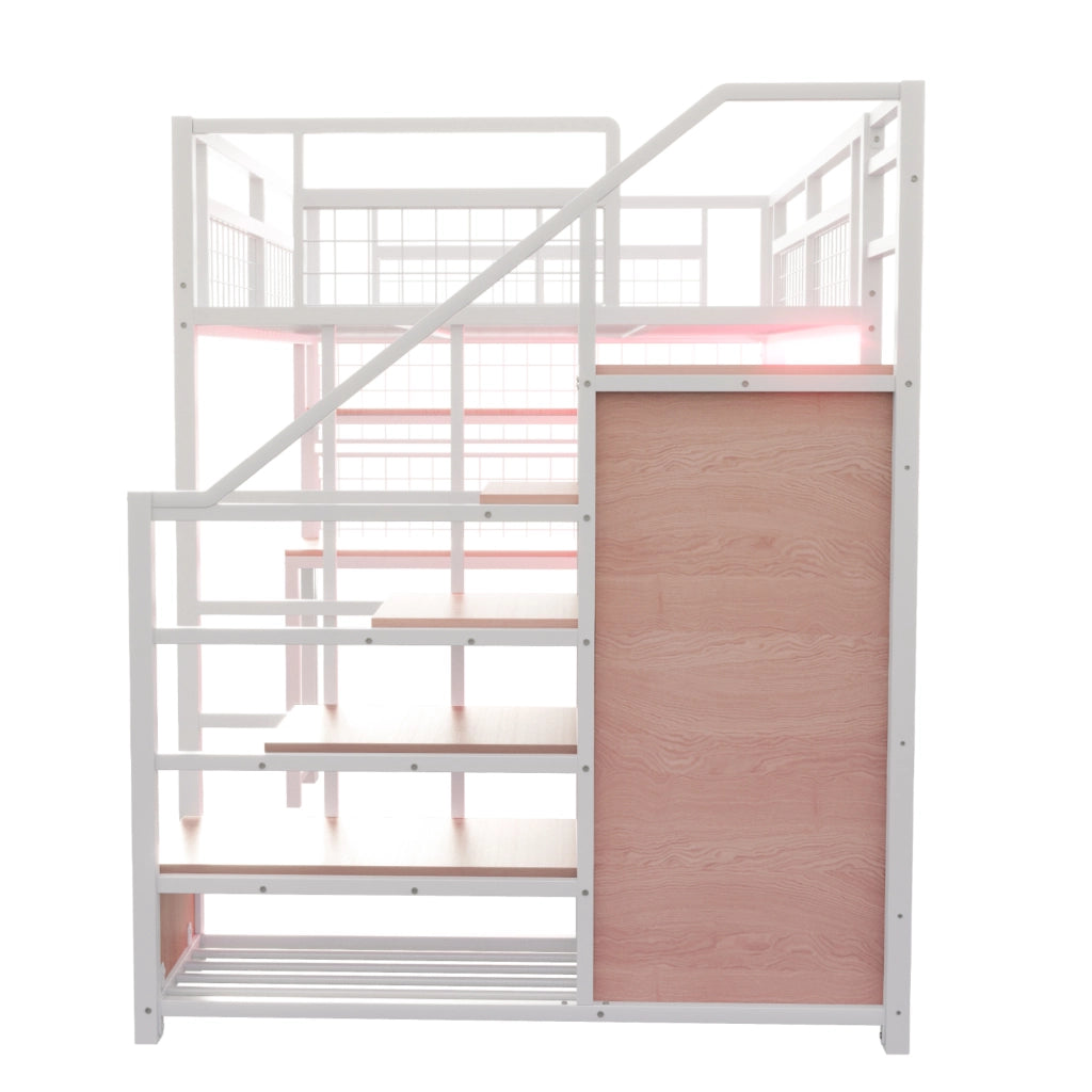 Letto a soppalco 140 × 200 cm con scrivania, scaffale, armadio, LED, prese, senza materasso, in metallo, bianco