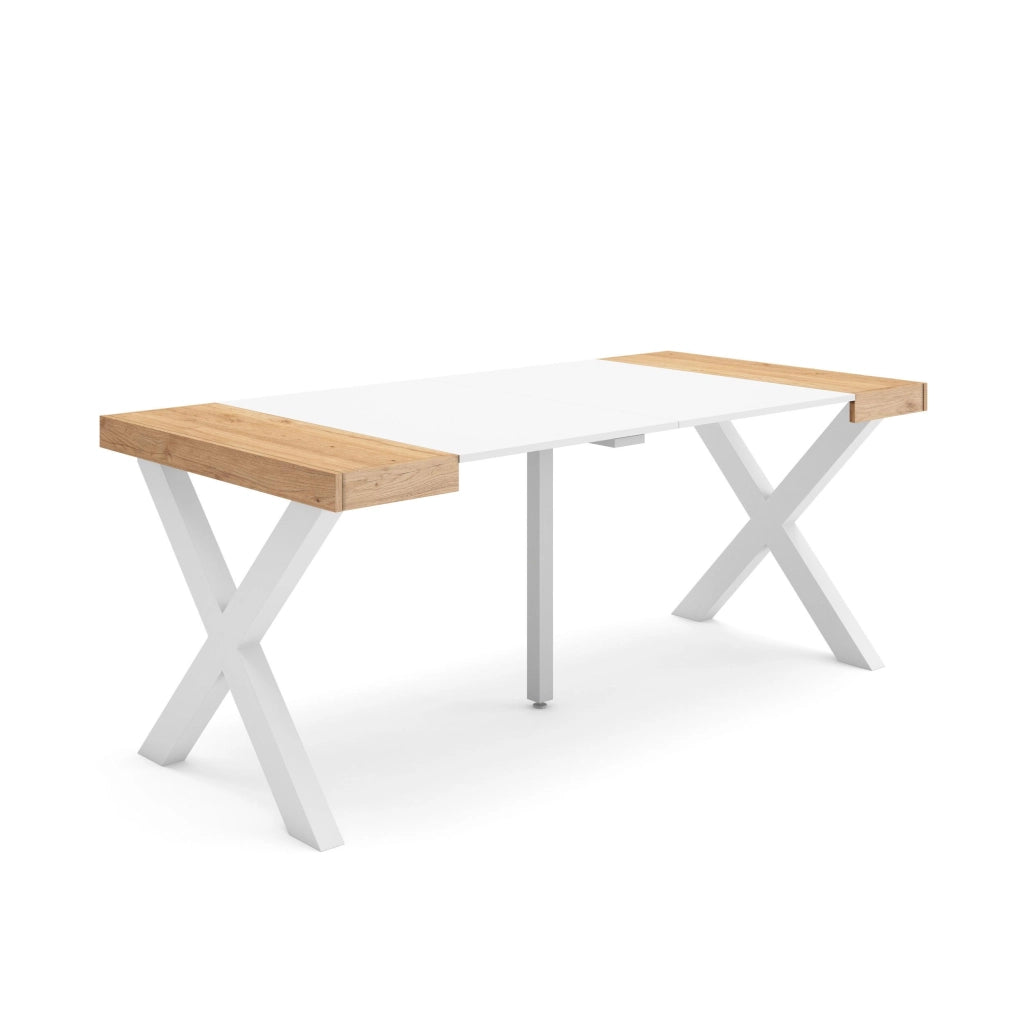 Consolle allungabile, 58 fino 180x90x73cm, Per 8 persone, Gambe in legno, colore Rovere e bianco RF2766