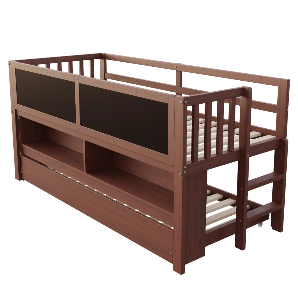 OKWISH Letto a Casetta 90×200 cm, Letto Singolo con Letto Estraibile, Lavagna, Ripiani e Scala, senza Materasso, in Legno, Marrone