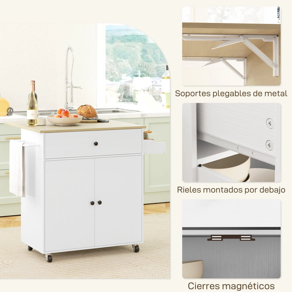 Isola Cucina con Ala Ribaltabile ¨C Xylo ¨C 2 Ante Cassetto Portaspezie Portasciugamani 106x42x87 cm Bianco Rovere