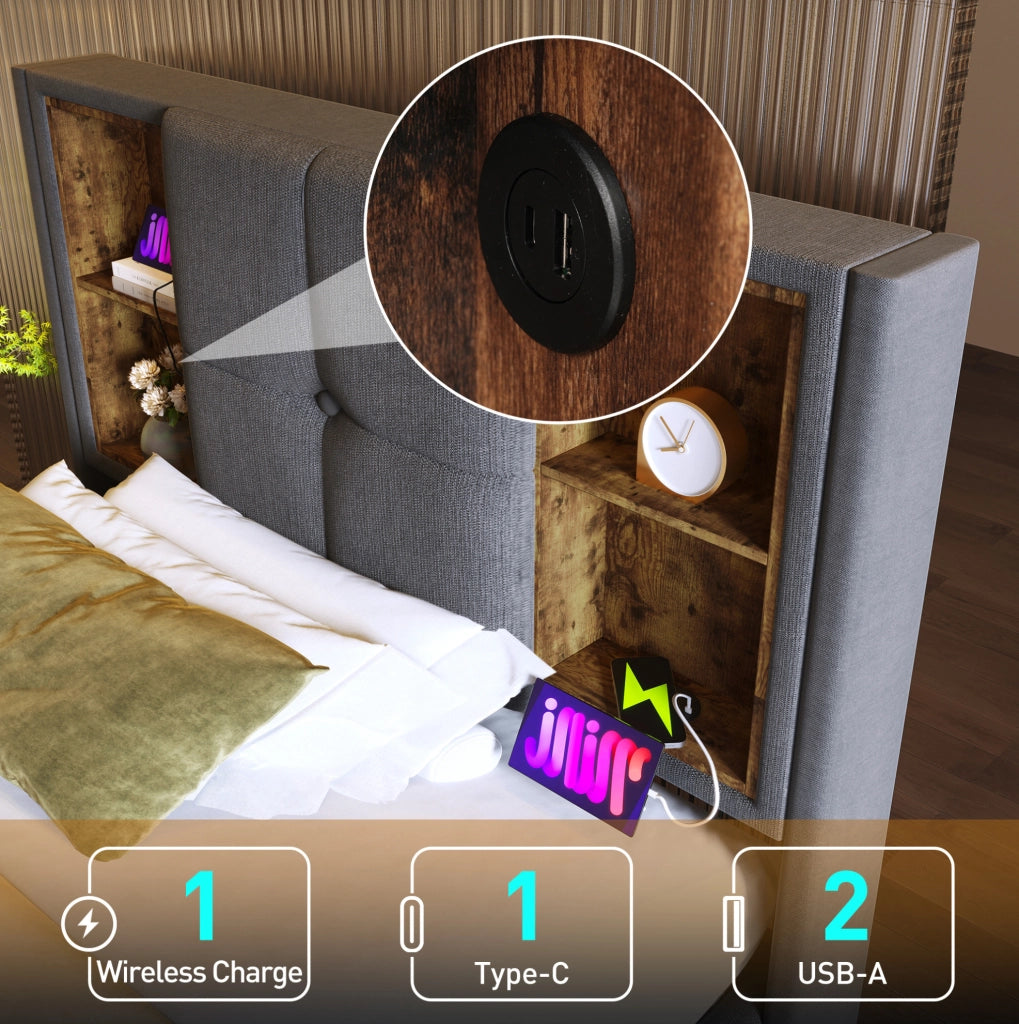 Letto singolo imbottito 90x200 cm grigio in cotone con contenitore; ricarica wireless e USB