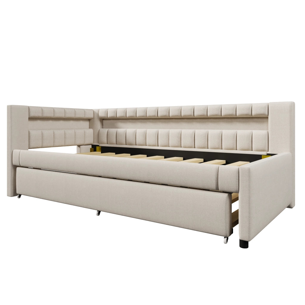 DESMIU Divano letto 90 × 200 cm con letto estraibile, LED, USB, Type-C, senza materasso, lino beige