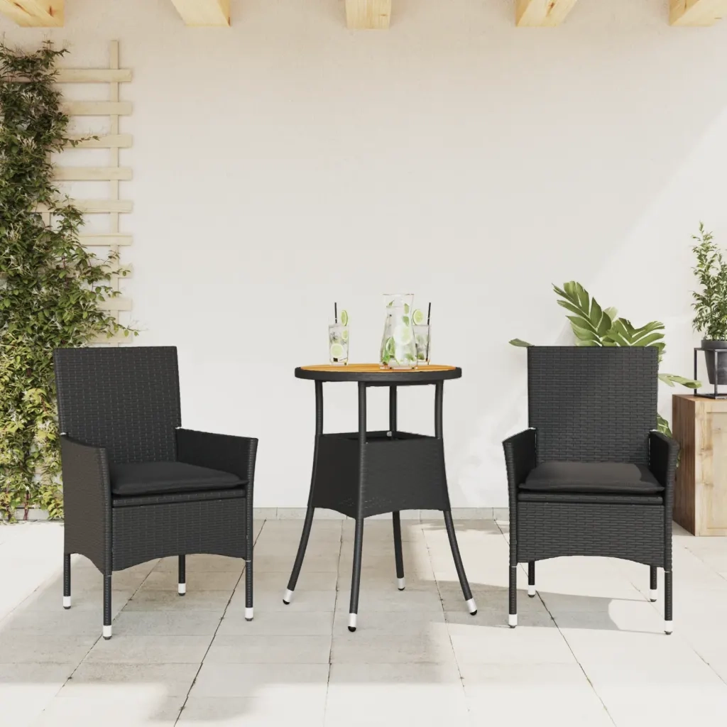 Set Pranzo da Giardino 3 pz | Set Salotto da Giardino con Cuscini Nero Polyrattan Acacia