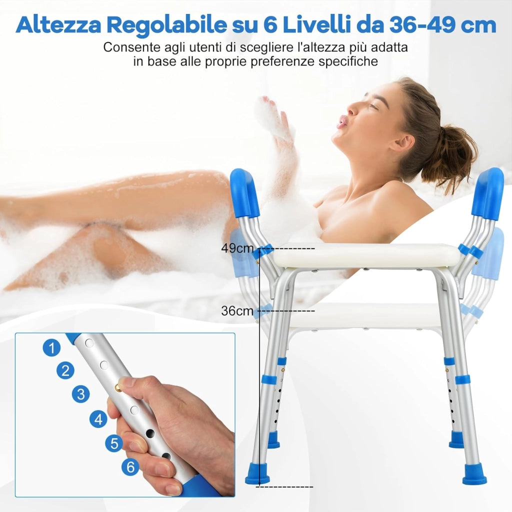 Sgabello Doccia, Sedia per Doccia Regolabile in 6 Altezze con Braccioli Imbottiti Staccabili e Piedini in Gomma Antiscivola, Portata 100 kg, Seggiolino da Bagno per Anziani (Blu)