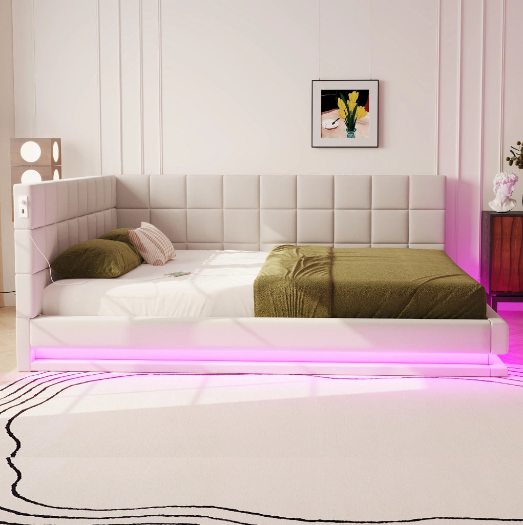 Divano letto 160x200 cm con LED e USB in lino beige
