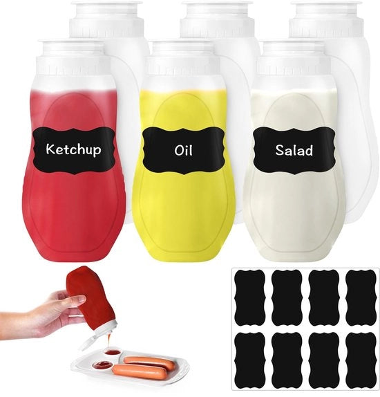 Set di bottiglie per salse da 6 - 11 oz, riutilizzabili, con bocca ampia, impermeabili, trasparenti, ideali per salse.