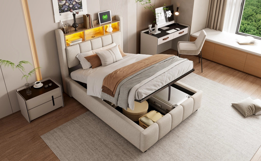 Letto contenitore 90 x 200 cm con rete a doghe, testiera con contenitore, LED e USB, lino beige