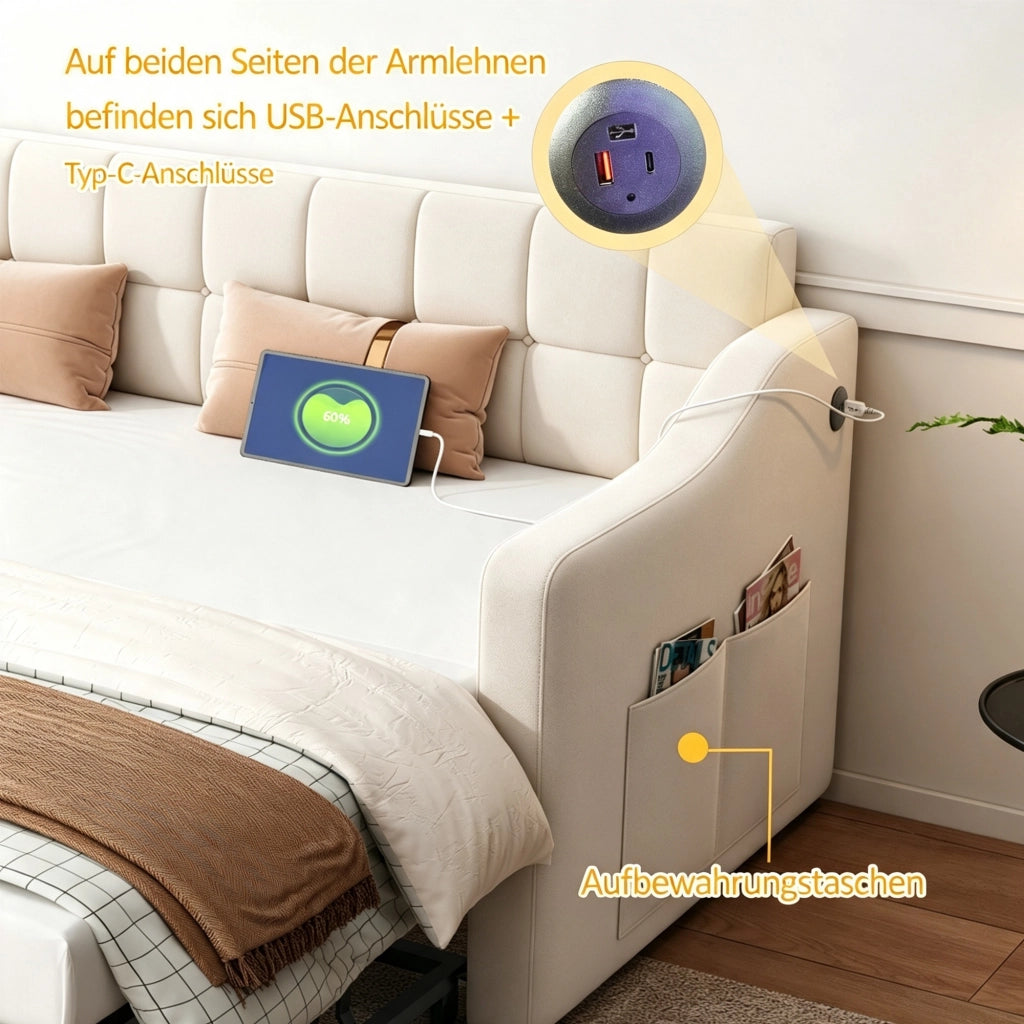 Letto divano estensibile 2 in 1 90x190/180x190 cm imbottito con USB e presa elettrica; velluto beige