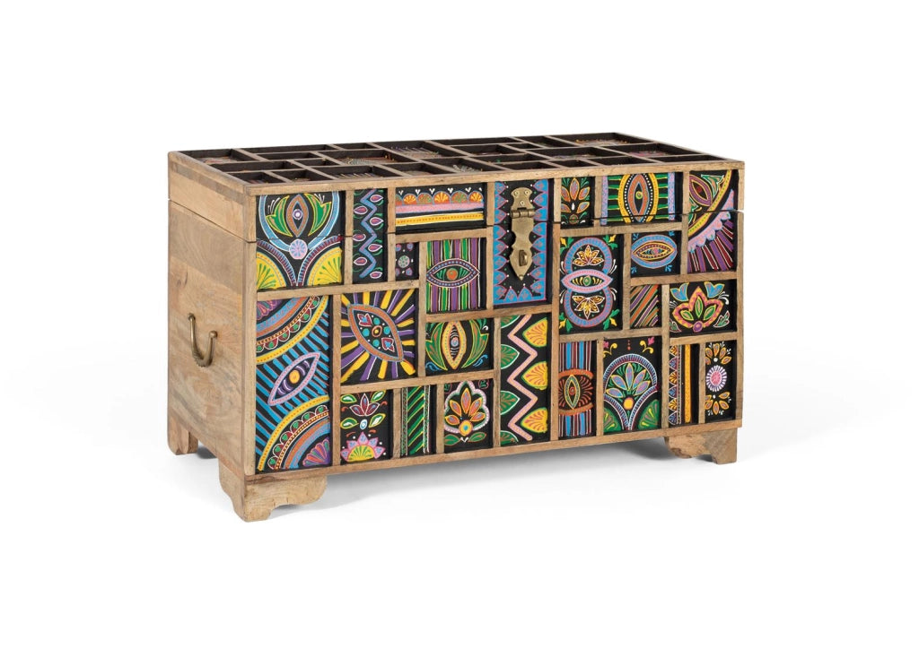 Cassapanca realizzato in legno di mango multicolore dipinto a mano