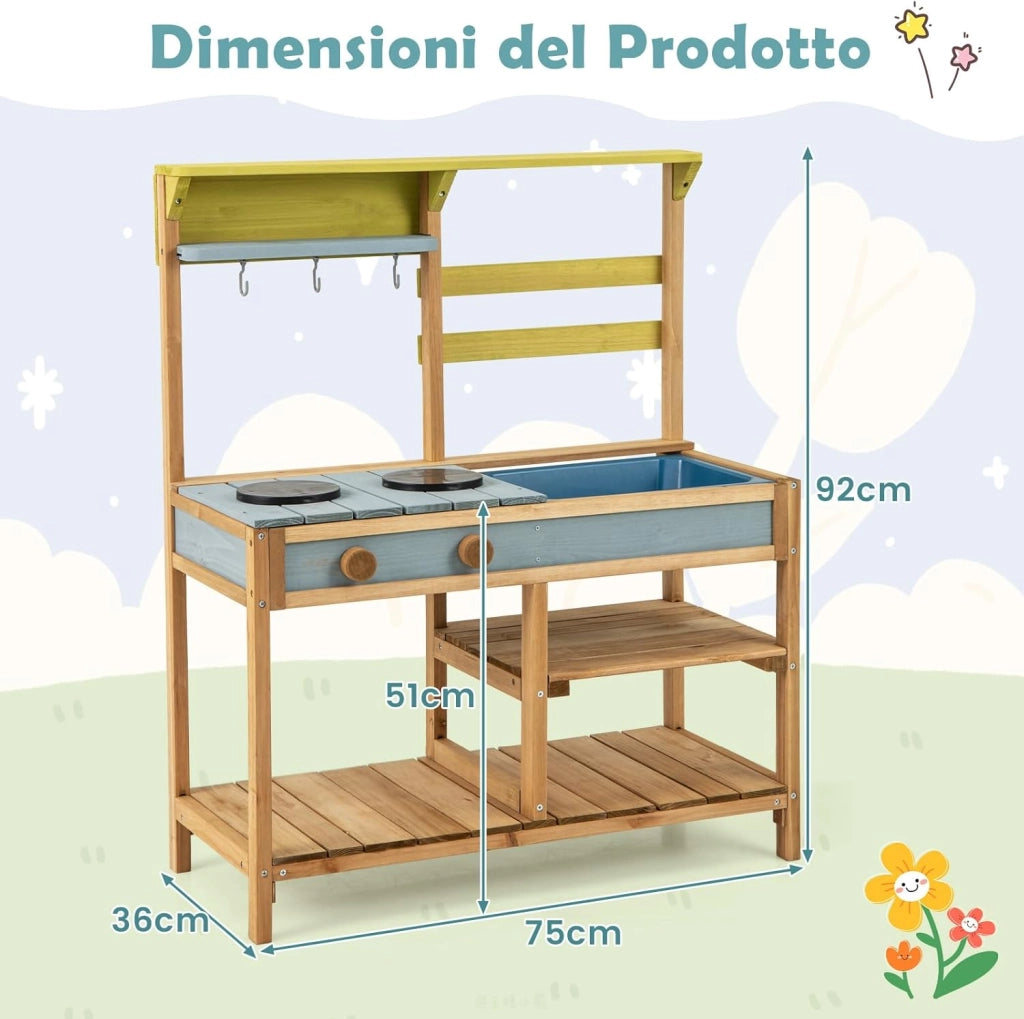 Cucina Giocattolo per Giardino, Cucina per Bambini con 2 Fornelli a Manopola, Lavandino e 3 Ganci, Set Cucina con Ripiani Aperti, 75 x 36 x 92 cm (Naturale, Senza Serbatoio dell'acqua)