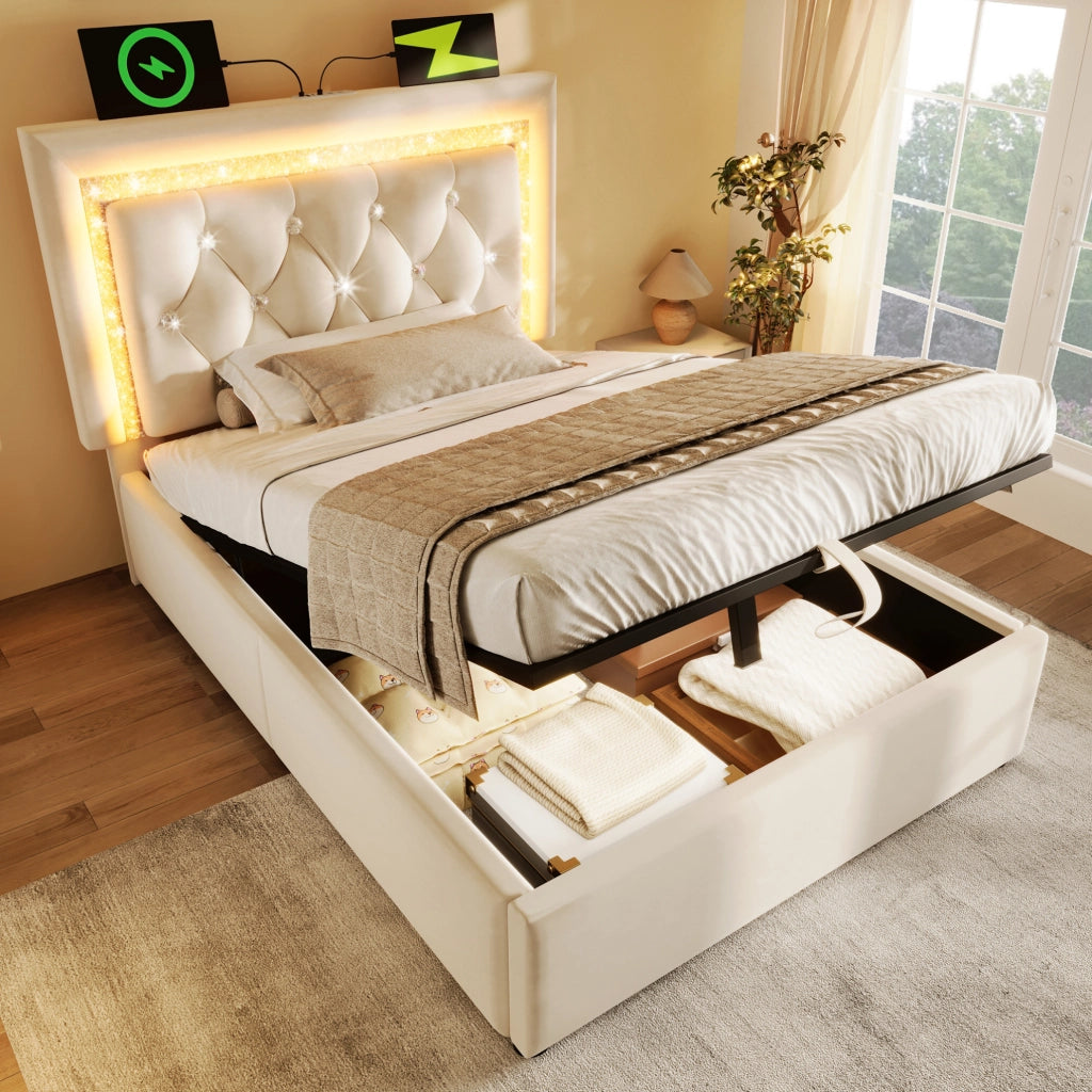 Letto singolo imbottito 90x200 cm in velluto beige con LED; USB; contenitore e materasso