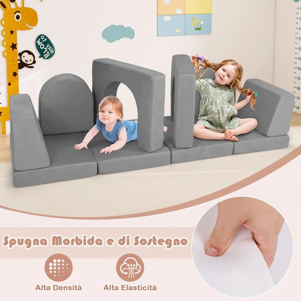 Divano Giocattolo per Bambini a 8 Pezzi, Divano Modulare per Bambini in Schiuma con Tessuto Suede, Poltrone per Bambini per Stanze da Gioco, Camere da Letto, Soggiorno (Grigio)