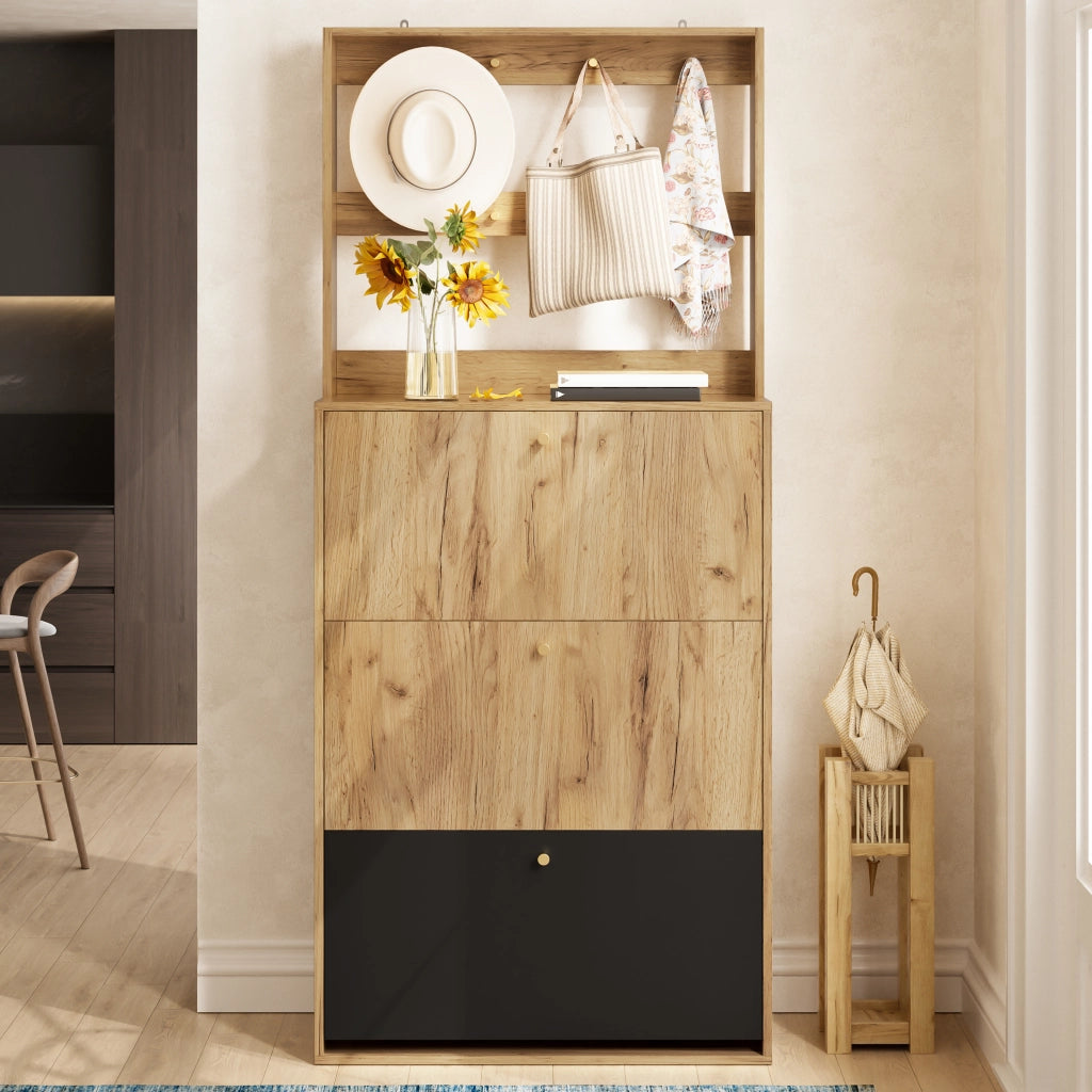Mobile portascarpe moderno con ganci, 3 vani ribaltabili, effetto legno naturale e nero, 75 x 24 x 180 cm