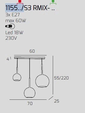 SOSP. OTTONE SAT. RETTANGOLARE 3 LUCI VETRI (GRANDE CR + MEDIO TR + PICCOLO CR) 1155OS-S3 RMIX-TC
