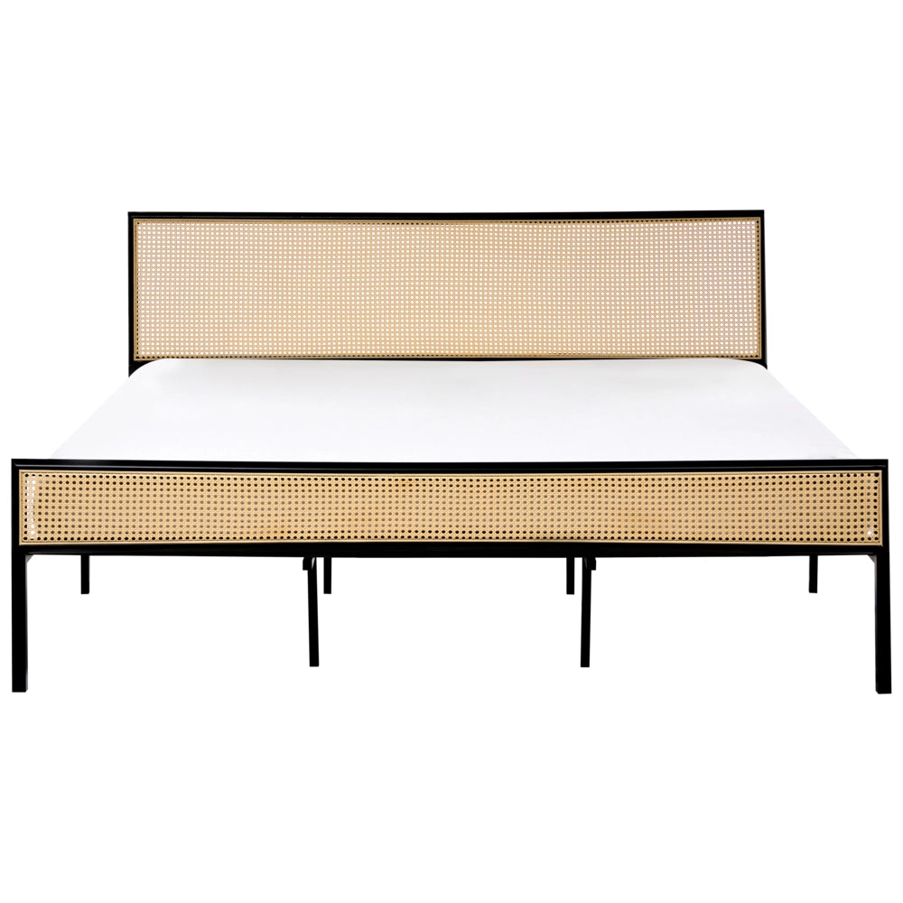 Letto matrimoniale imbottito in tessuto nero con rete a doghe e gambe in legno 180 x 200 cm stile contemporaneo