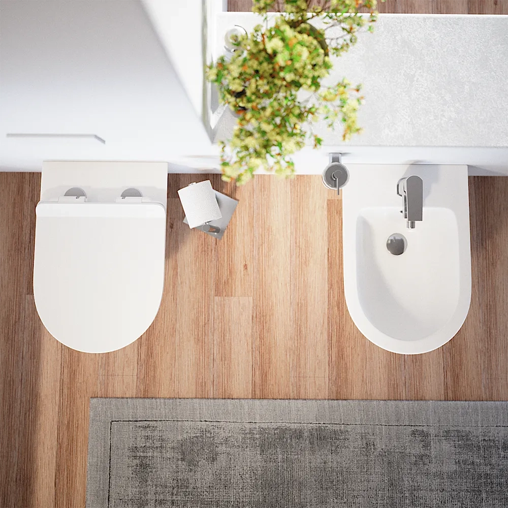 Sanitari sospesi in ceramica bianco lucido vaso tornado silent flush sedile soft-close e bidet | Sydney