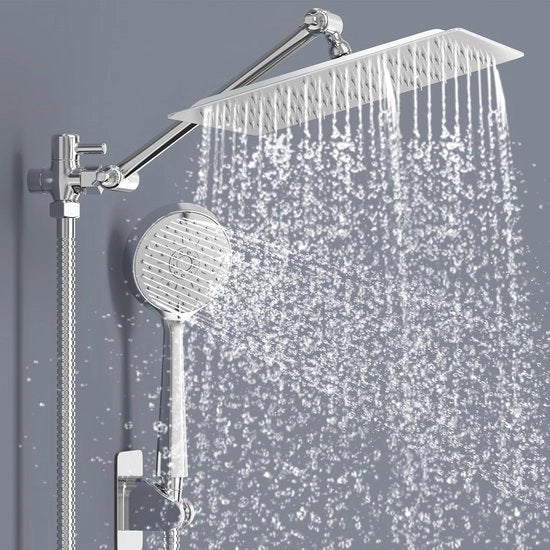 Douchekop quadrato 9,6 pollici, set di tubi e estensione, tubo 1,5 m e 4 getti d'acqua.