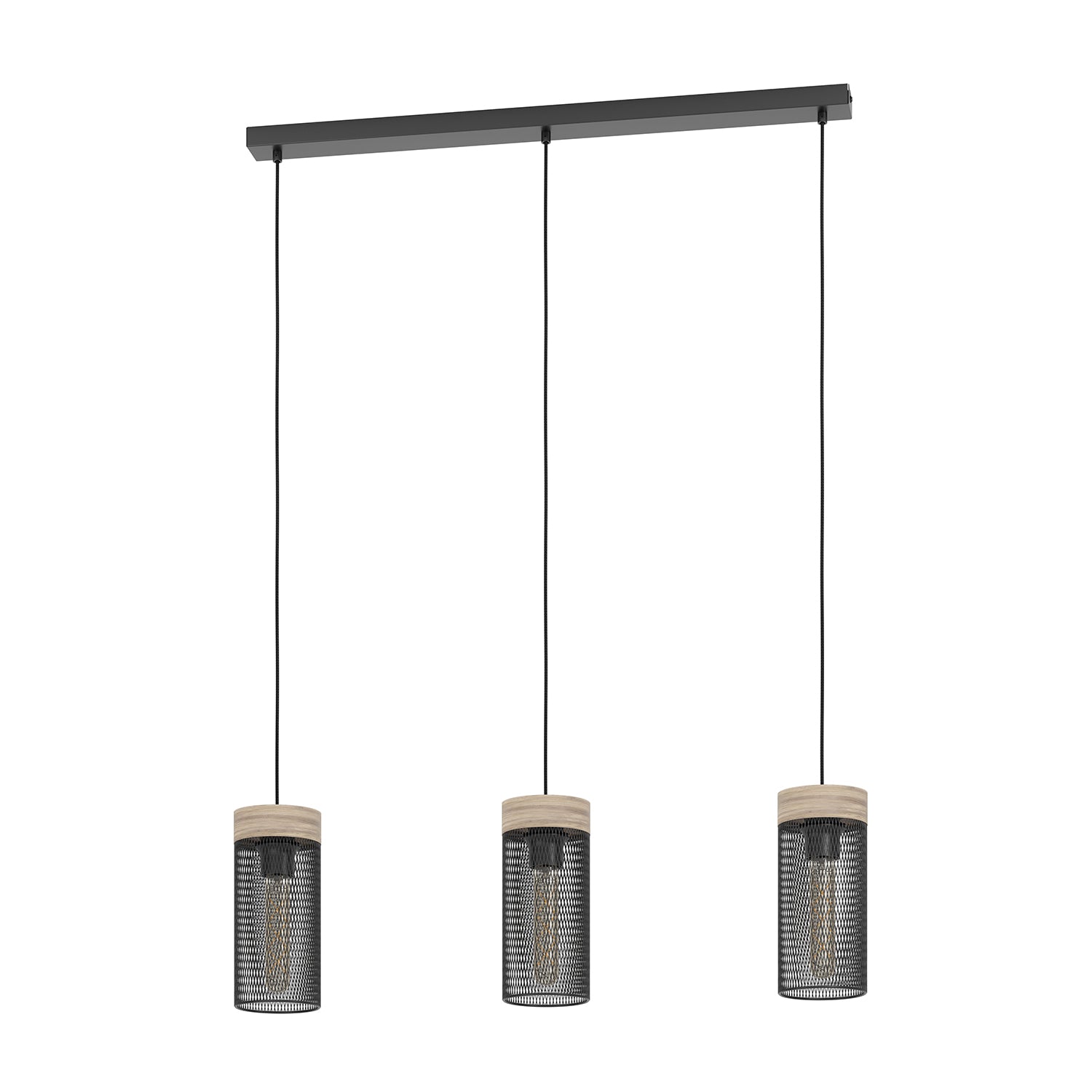 Lampadario A Sospensione Vintage Kilnsdale Acciaio Nero Legno 3 Luci E27