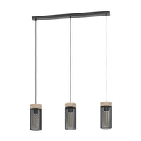 Lampadario A Sospensione Vintage Kilnsdale Acciaio Nero Legno 3 Luci E27