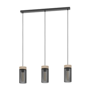 Lampadario A Sospensione Vintage Kilnsdale Acciaio Nero Legno 3 Luci E27