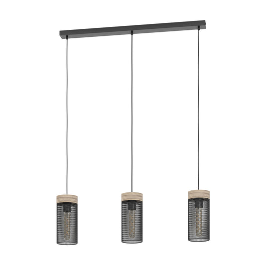 Lampadario A Sospensione Vintage Kilnsdale Acciaio Nero Legno 3 Luci E27