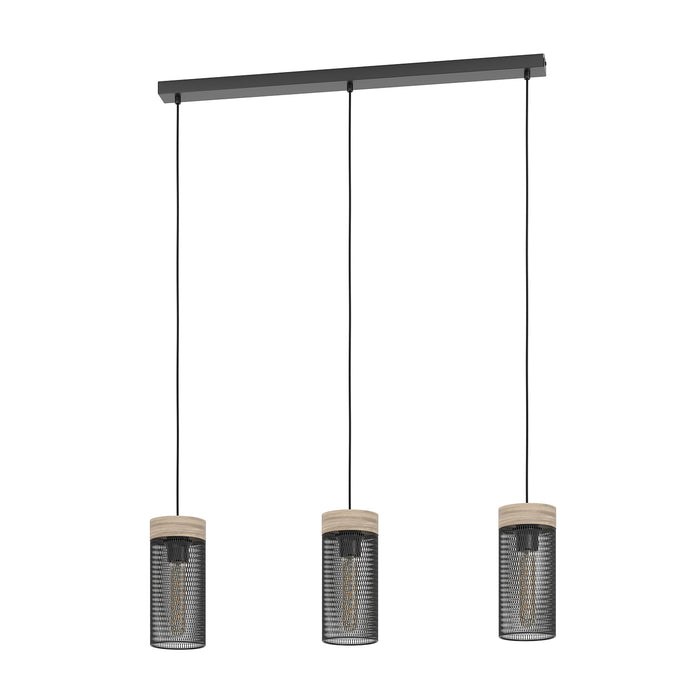 Lampadario A Sospensione Vintage Kilnsdale Acciaio Nero Legno 3 Luci E27