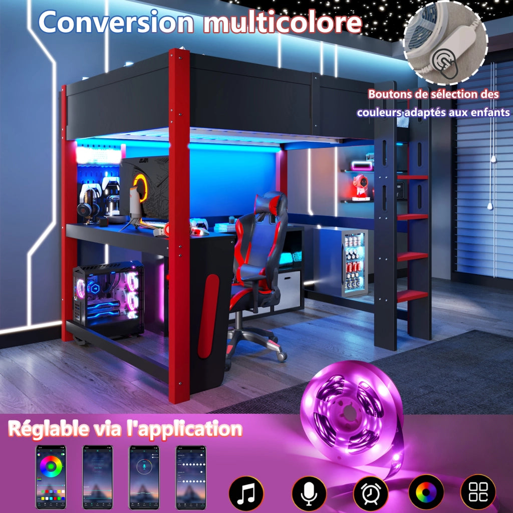 Letto a soppalco per bambini 140x200 cm, letto rialzato con scrivania integrata, pannello forato, illuminazione LED, pino, nero