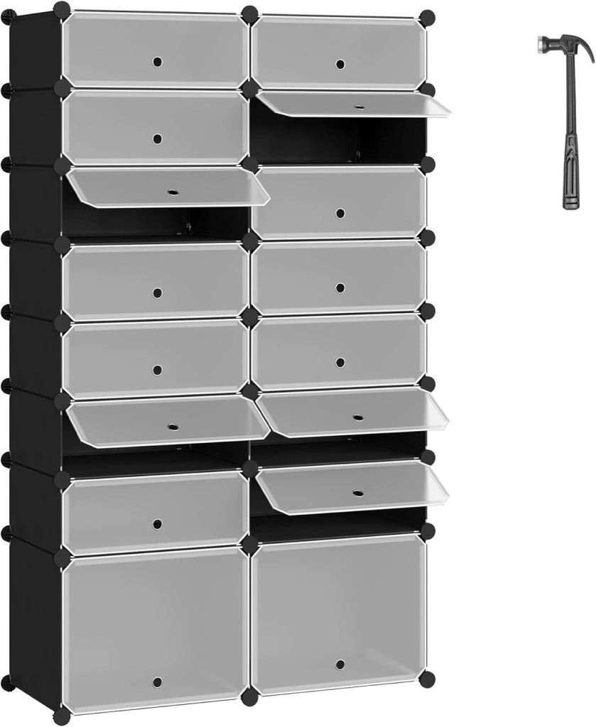 Scarpiera, 2x8 Livelli per 32 Paia di Scarpe, Armadietto ad Incastro con Ante, Scaffale Portascarpe per Giochi, Pannelli in PP, con Mazzetta in Plastica, Nero+Bianco