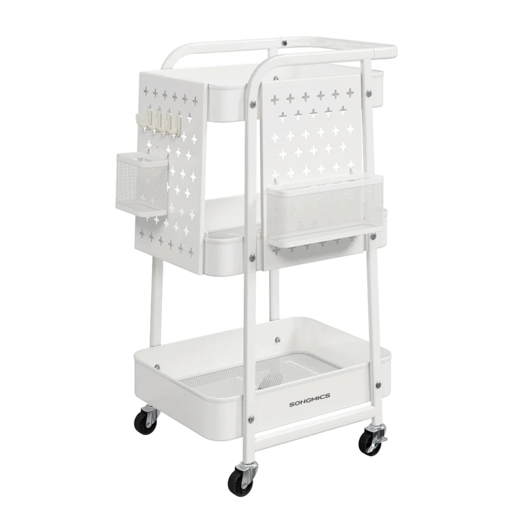 Carrello portaoggetti con 3 ripiani in rete metallica 2 pannelli forati rimovibili 2 staffe di sospensione e 4 ganci per ufficio cucina soggiorno bagno bianco 12_0005012