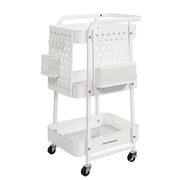 Carrello portaoggetti con 3 ripiani in rete metallica 2 pannelli forati rimovibili 2 staffe di sospensione e 4 ganci per ufficio cucina soggiorno bagno bianco 12_0005012