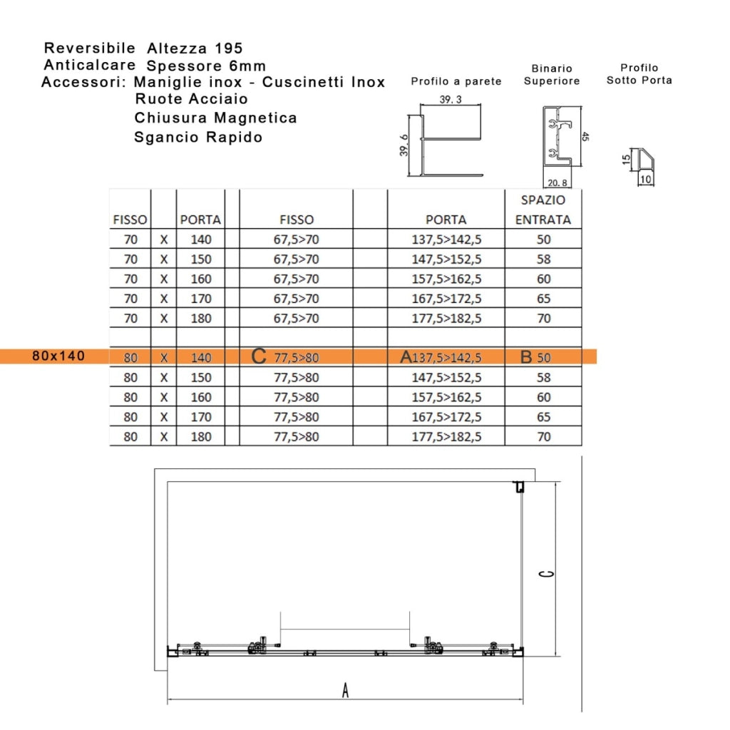 Box doccia tre lati scorrevole cristallo 6mm h195 lagoa-trio, misura 80x140x80