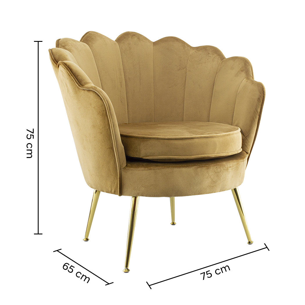 Poltrona Imbottita Schienale a Conchiglia in Velluto Piedi Oro Marrone