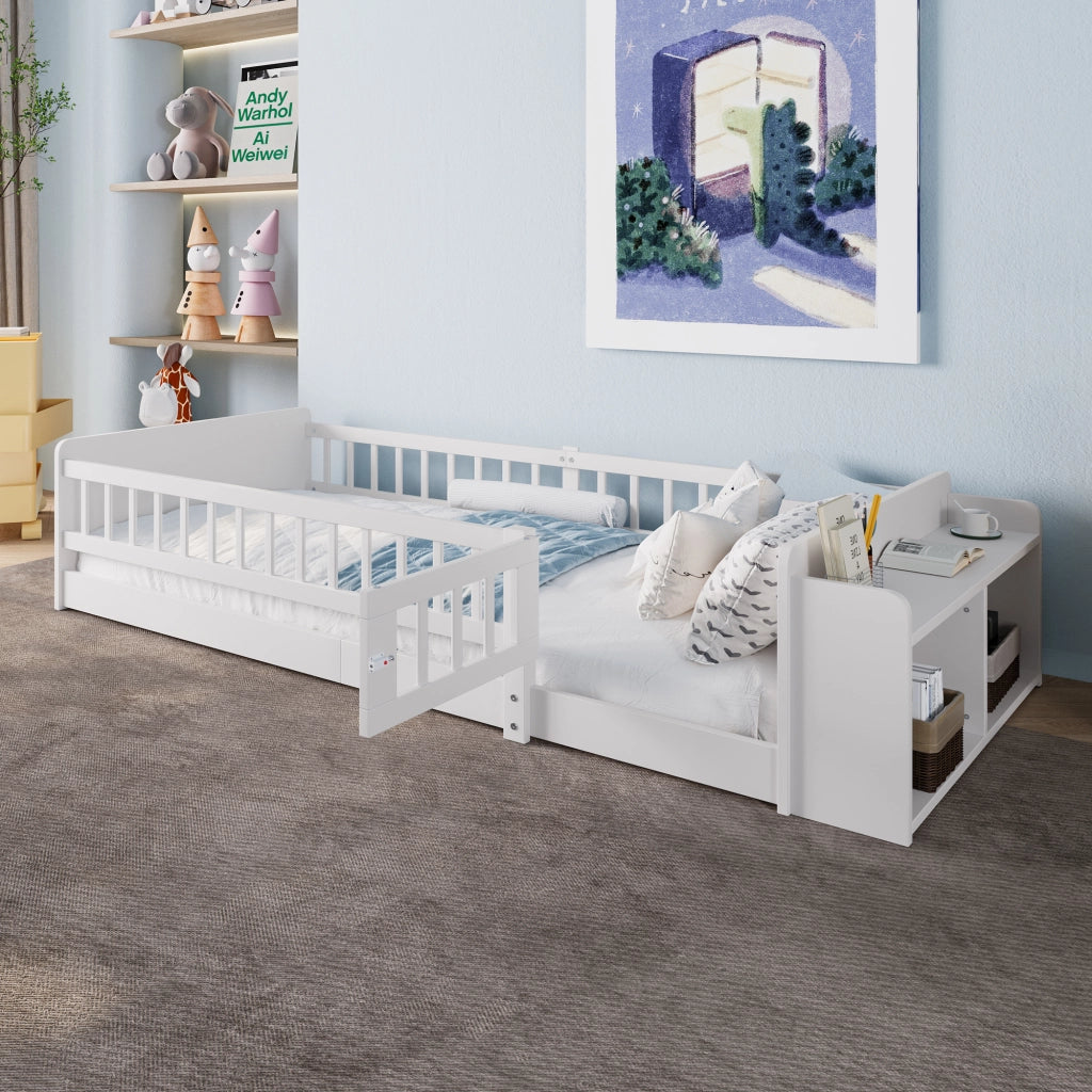 Letto per bambini in pino bianco 90x200 cm con contenitore aperto e scaffali, senza materasso