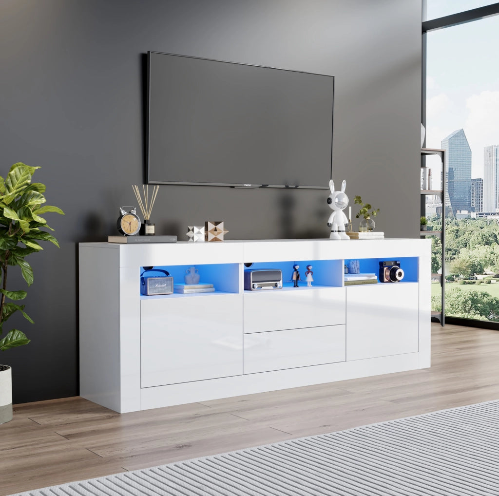Mobile TV bianco lucido 160x35x60 cm con LED, 2 ante e 2 cassetti