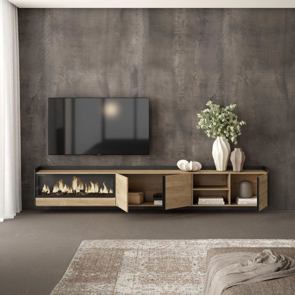 Mobile TV Soggiorno, 315x50x35 cm, Per TV fino a 80", Camino elettrico XXL, Sospeso, da appendere, Rovere e nero