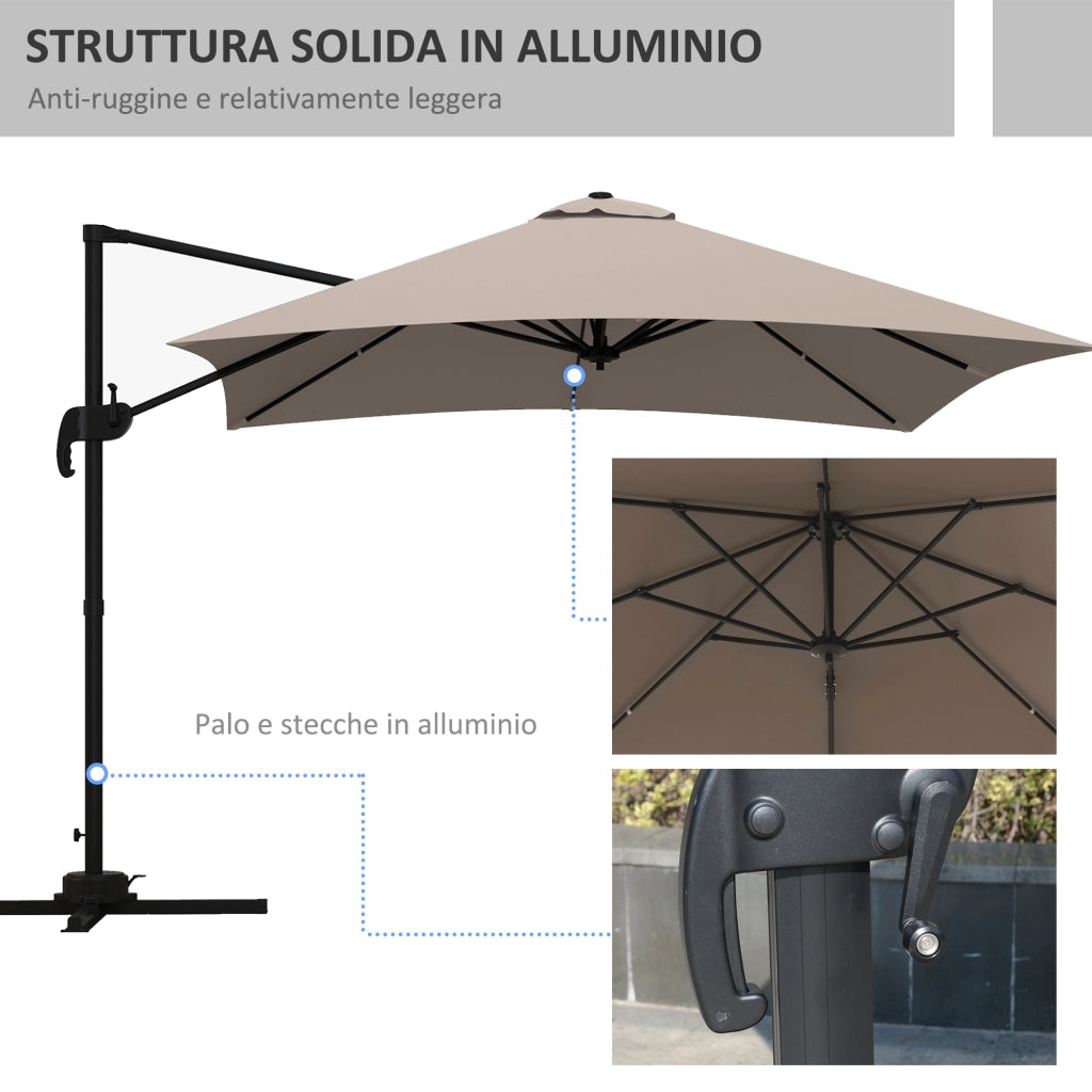 Ombrellone 3x3 m a Braccio con 8 Stecche, Pedale e Manovella, in Alluminio e Poliestere, color Khaki