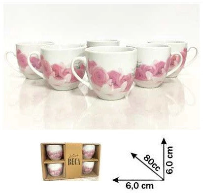 Set 6 Tazzine Tazze da Caffè in Ceramica senza Piattini Rose