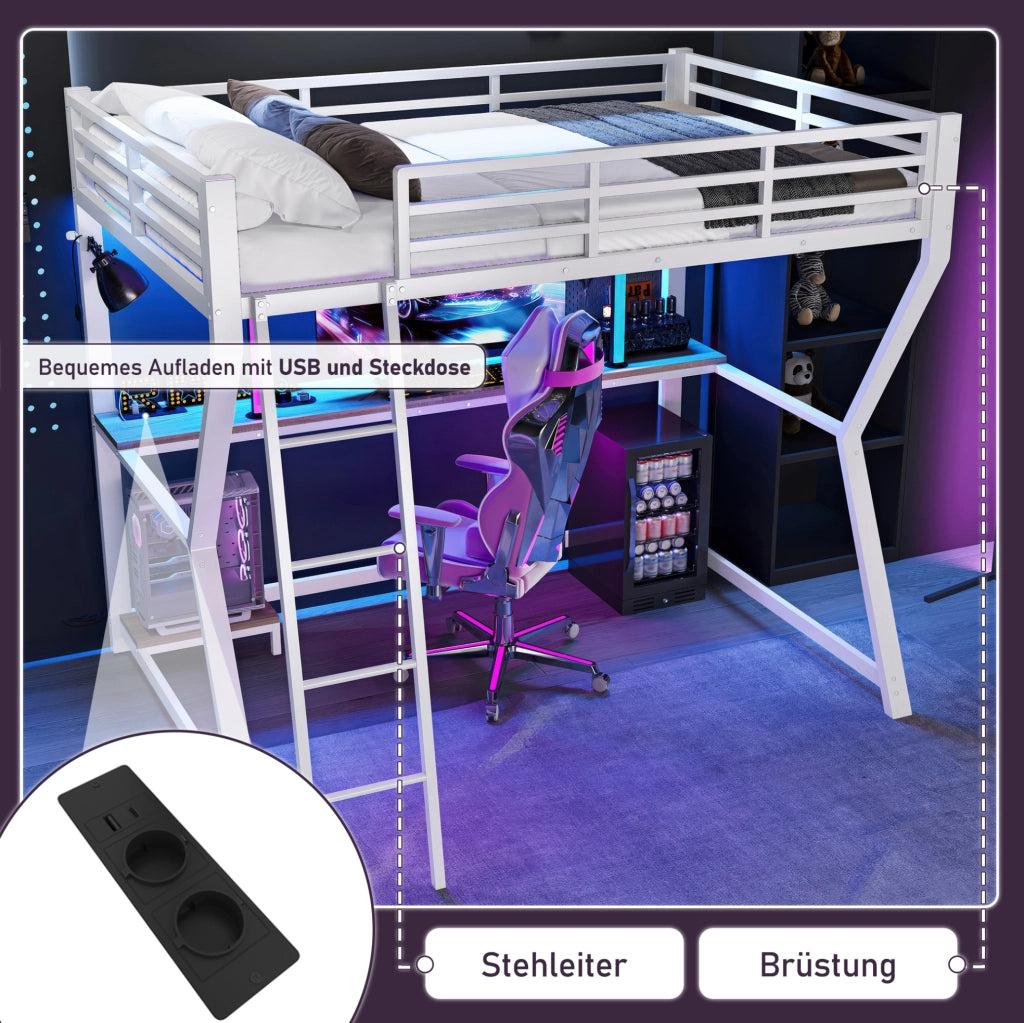 Letto a soppalco 90x200 cm con scrivania, LED e USB