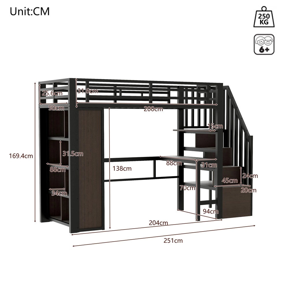 Letto a Soppalco con Scrivania e LED ¨C Xylo ¨C Struttura Metallo Nero 90x200