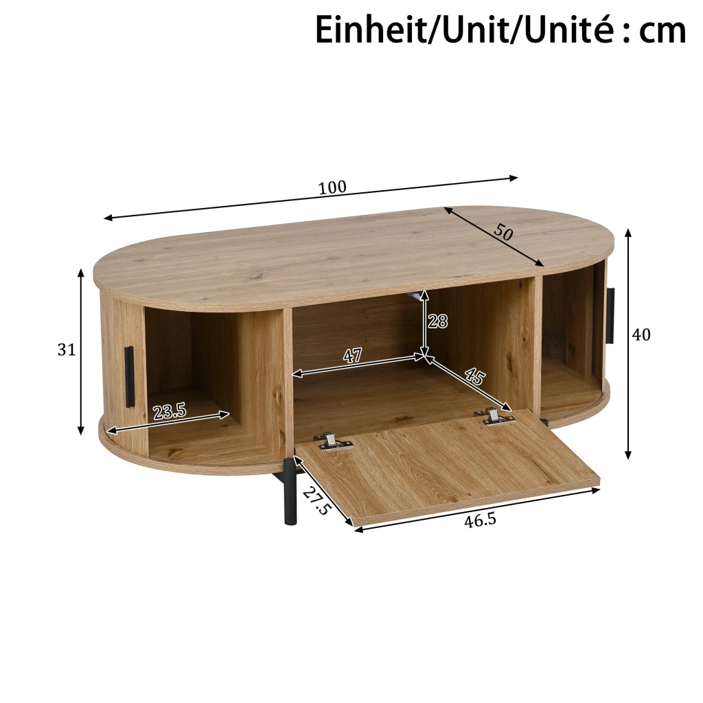 Tavolino da salotto ovale con 3 ante scorrevoli in rattan; vano contenitore; per soggiorno; MDF naturale 100 × 50 × 40 cm