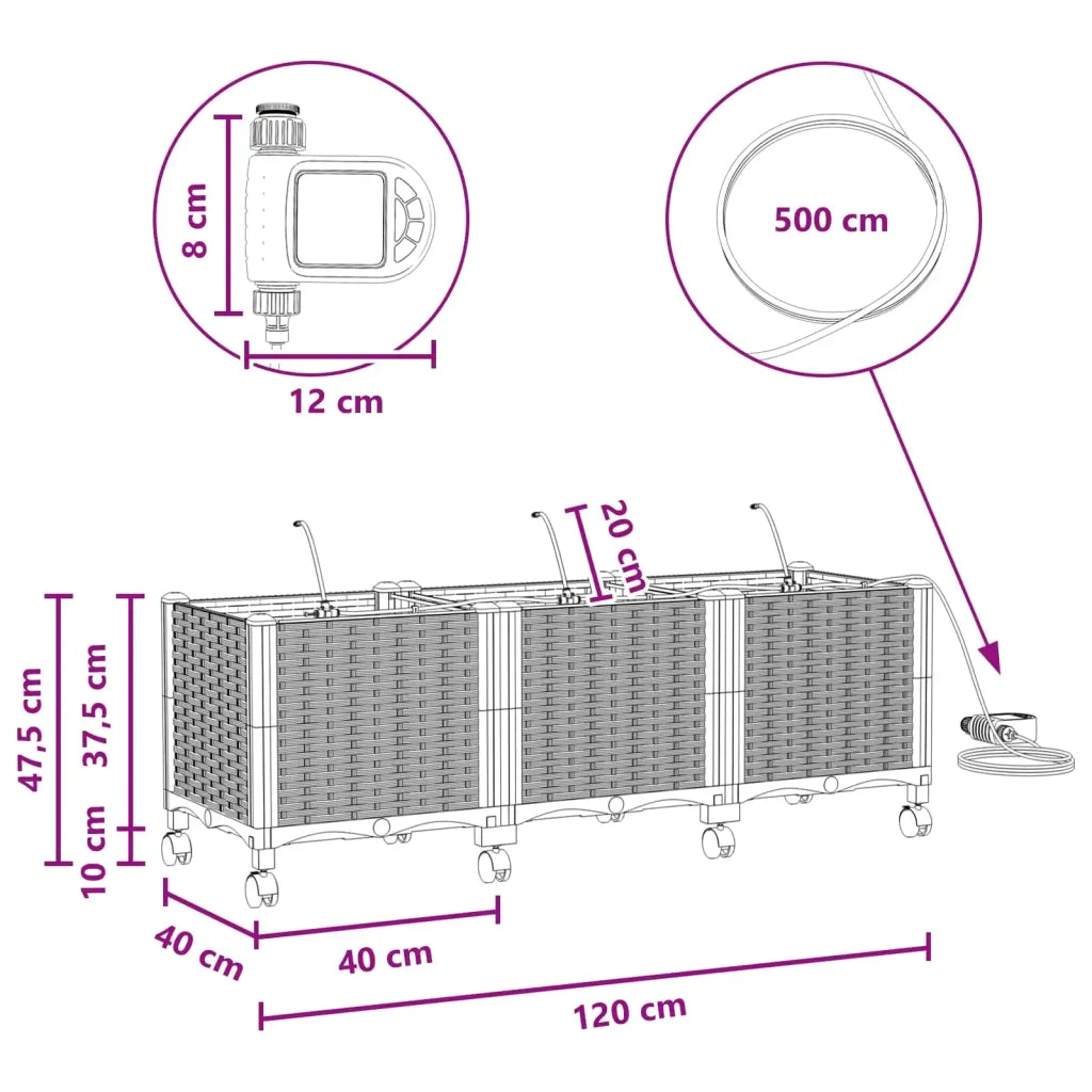 Vaso da Giardino con Irrigazione e Ruote 3 pz Grigio Chiaro PP 3423084