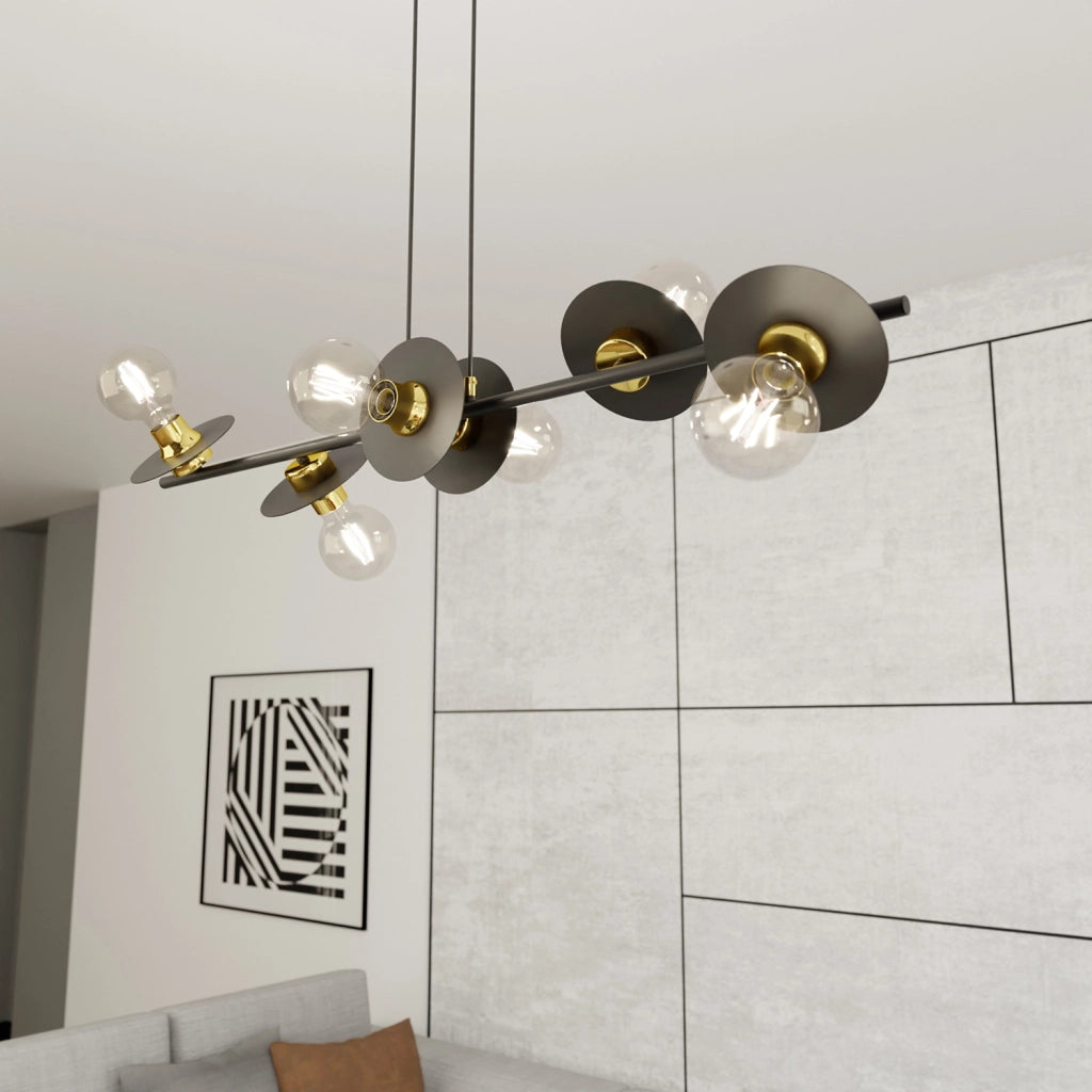 Lampadario 6 Luci Djehuty Acciaio Nero E Oro Con Barra E Diffusori A Piatti