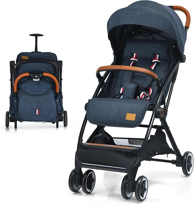 Passeggino Pighevole per Bmabini, Passeggino con Schienale e Poggiapiedi Regolabili, Passeggino Leggero Portata 15 kg, con Cappottina e Zanzariera, per Bambini 0-3 Anni (Blu)