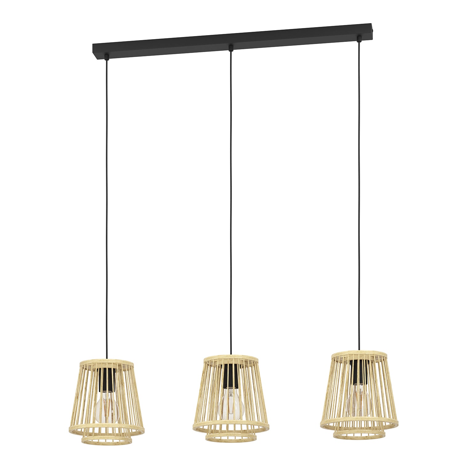 Lampadario A Sospensione Vintage Hykeham Acciaio Nero Legno 3 Luci E27
