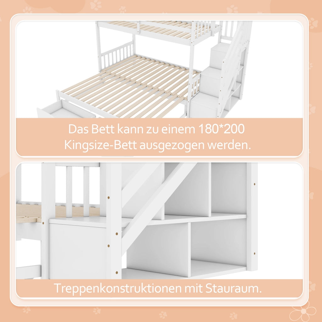 Letto a Castello 90 x 200 cm con letto estraibile; 2 cassetti; in Pino e MDF; Bianco
