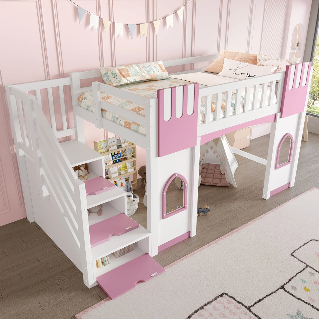 Letto a Soppalco 90x200 cm - Scala Contenitore; 2 Finestre e Parapetto - Bianco Rosa