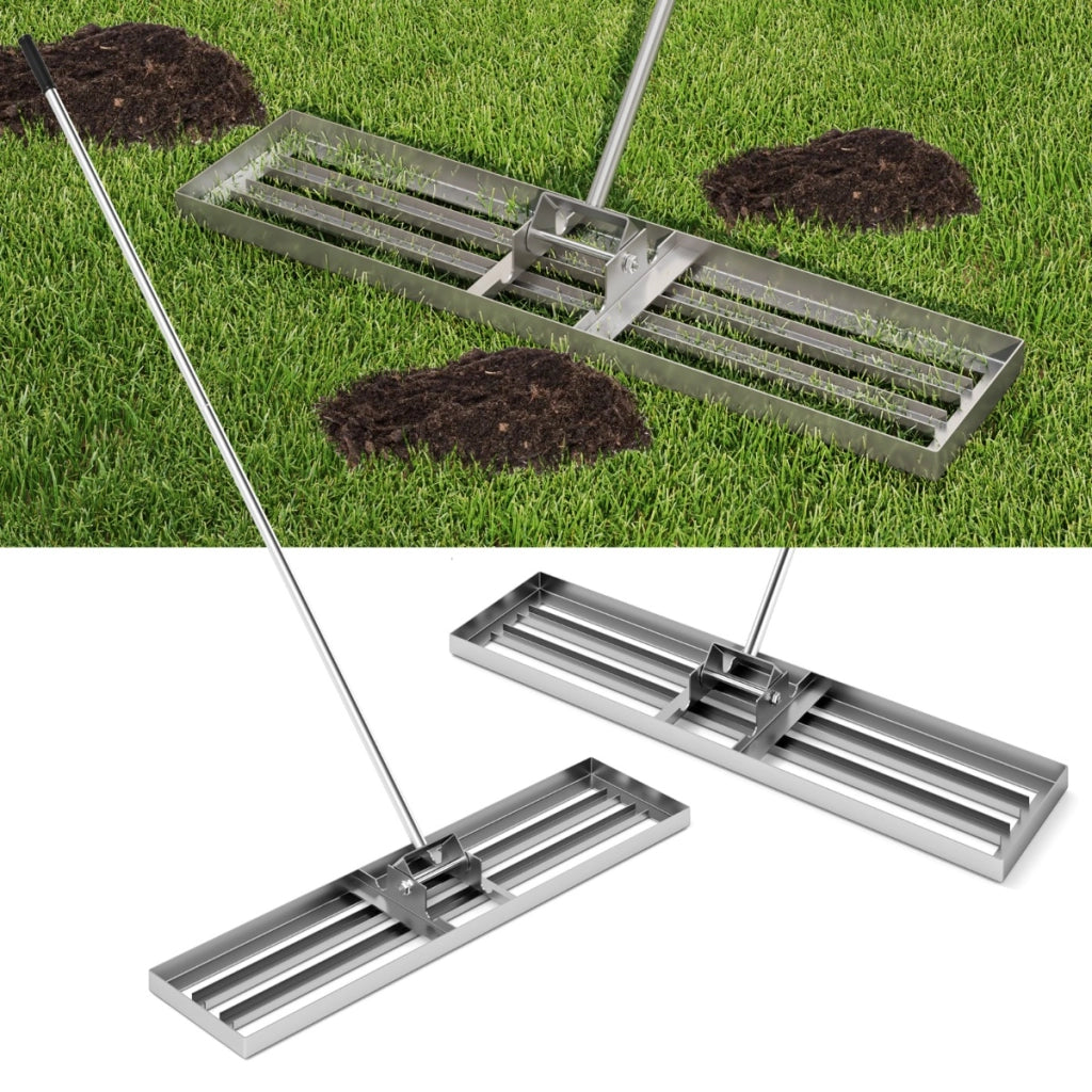 Rastrello livellatore per prato cortile, Livellatore giardino con impugnatura ergonomica e piastra 106 x 25 cm Argento-Attrezzi da giardino